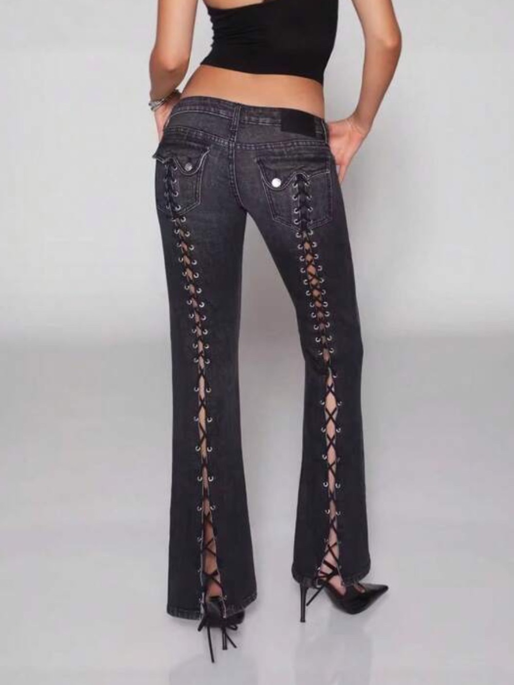 Black Lace-Up Flare Jeans